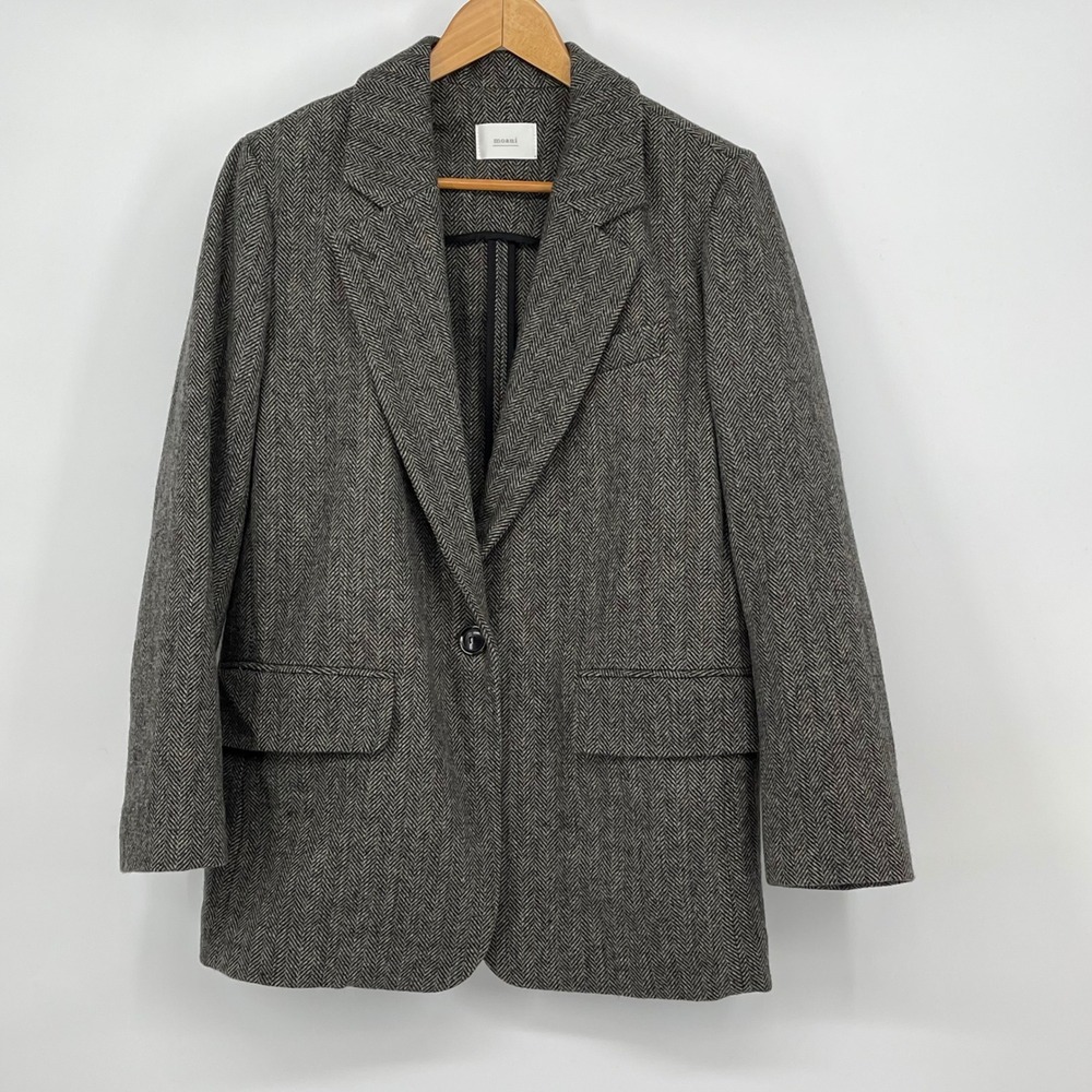 Moani Womens Blazer‎ Herringbone Pattern Gray Career Jacket Office Dark Academia